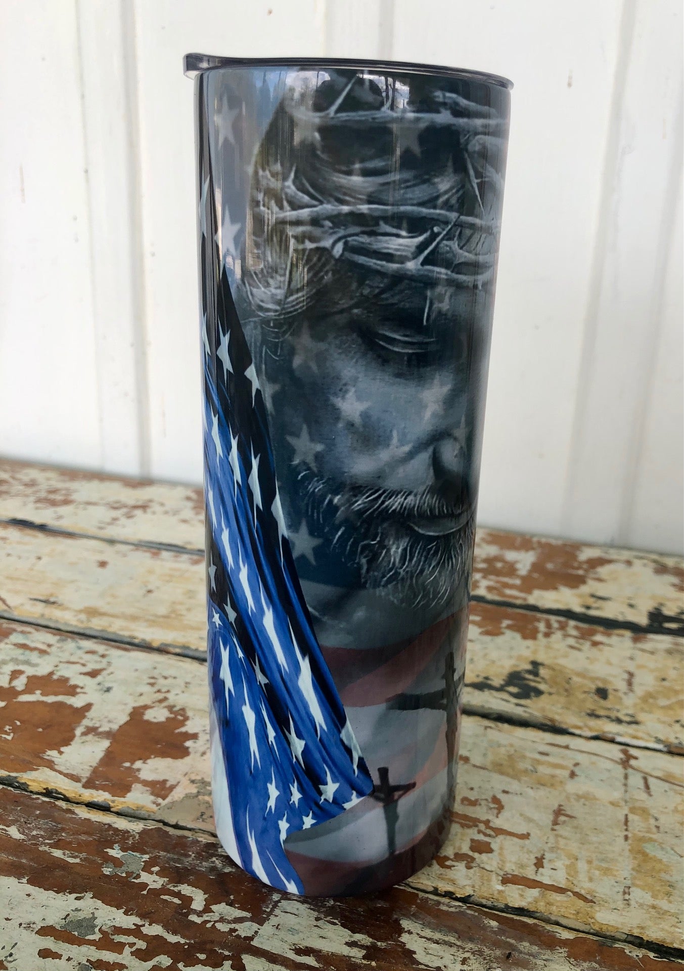 Jesus Christ with Cross and Flags 20oz. Tumbler Cup