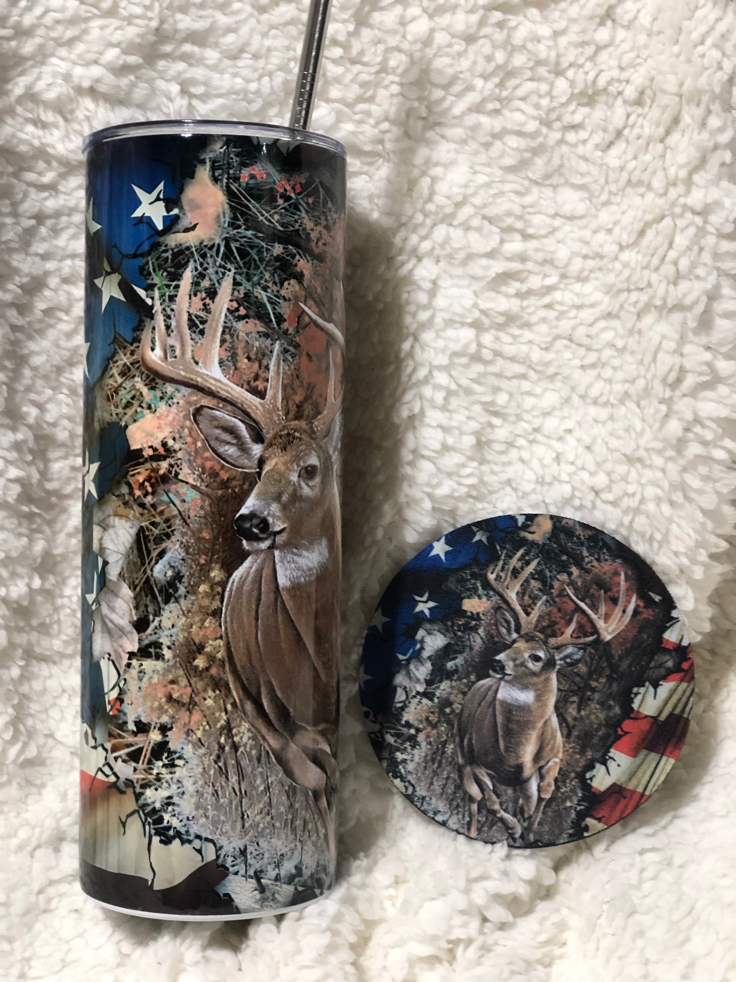 Whitetail Buck with Flags 20oz. Tumbler Cup and Coaster