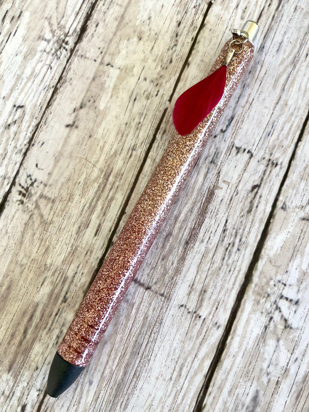 Rose Gold Glitter Pen with Feather Charm