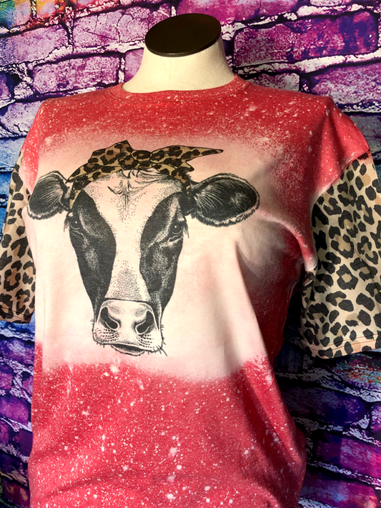 Cow with Headband Bleached Shirt with Leopard Print Sleeves