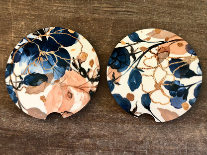 Blue and Blush Floral Car Coasters - Set of 2