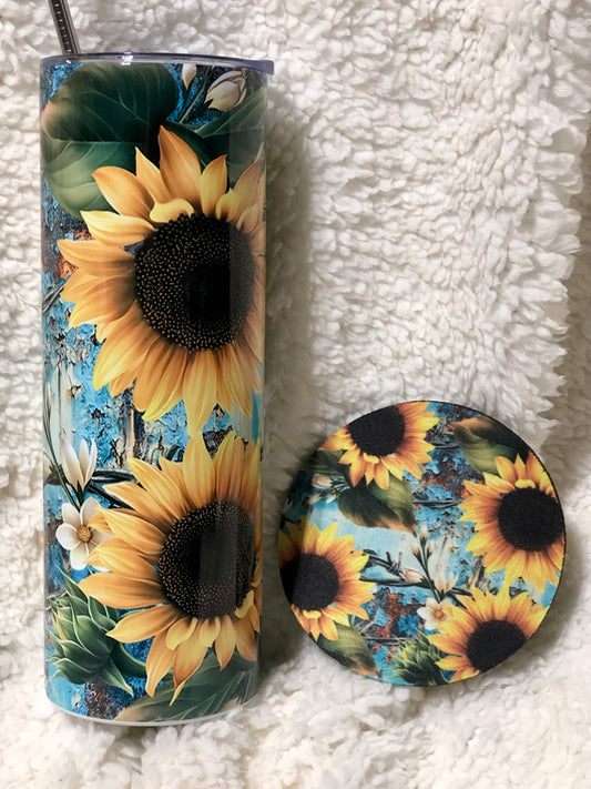 Sunflower and Barbwire 20oz. Tumbler Cup and Coaster
