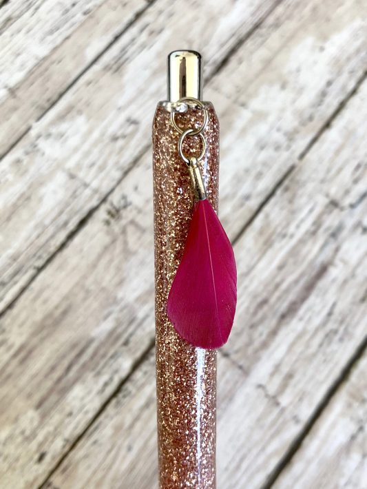 Rose Gold Glitter Pen with Feather Charm